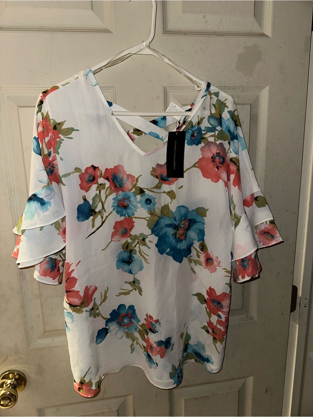 White Floral V-Neck Blouse with Blue & Coral Flowers